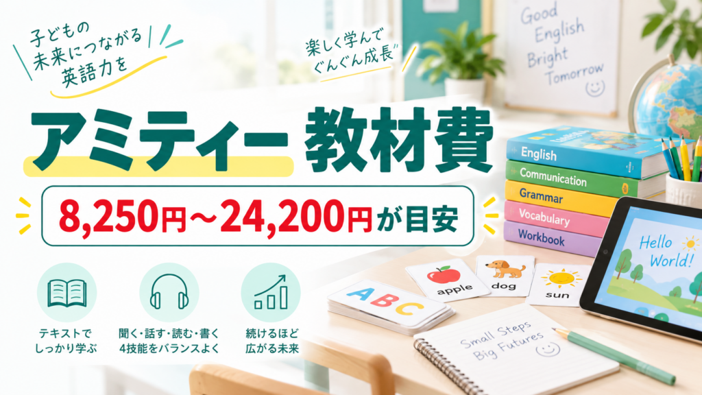 アミティーの教材費が8,250円から24,200円目安であることを示すアイキャッチ