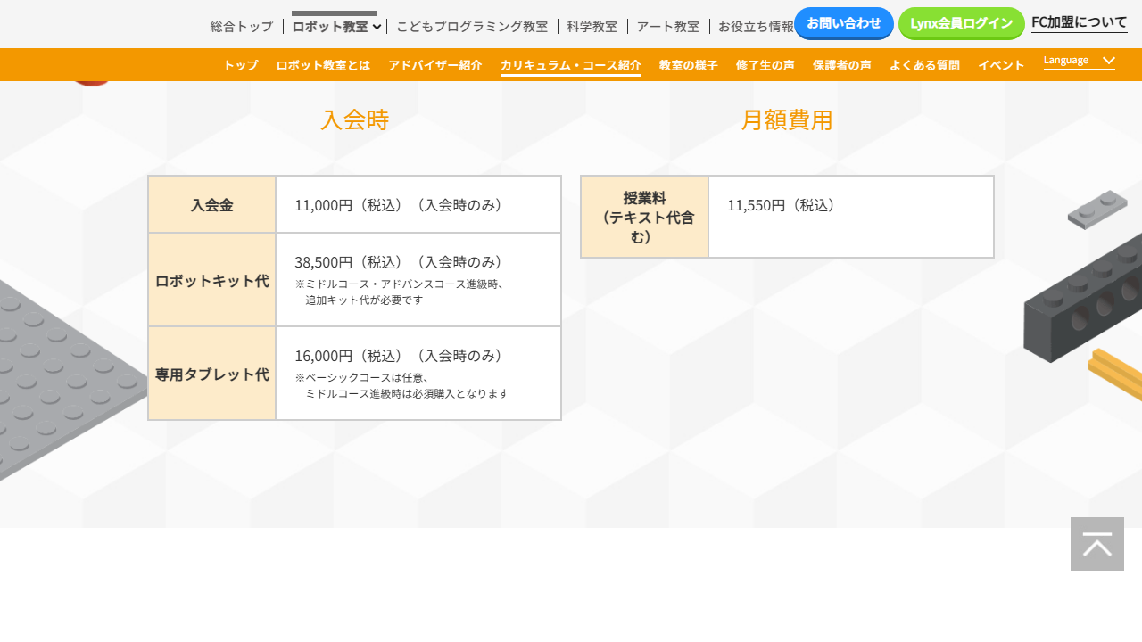 ヒューマンアカデミージュニア公式サイトに掲載されている入会金ロボットキット代専用タブレット代と月額費用