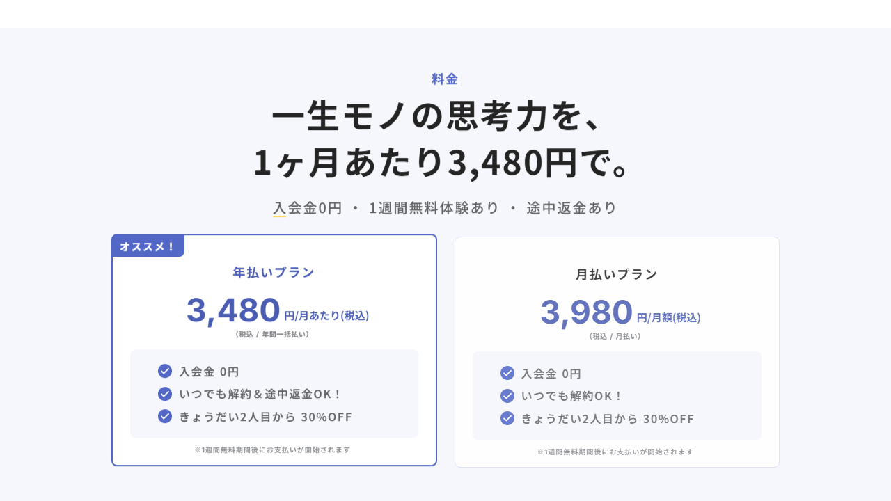 LOGIQ LABO公式サイトに掲載された年払いプランと月払いプランの料金