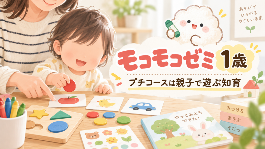 モコモコゼミ 1歳のプチコースは親子で遊ぶ知育と分かるアイキャッチ