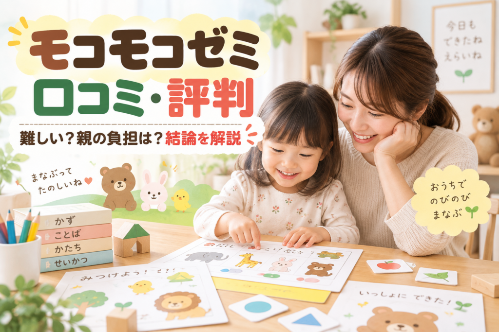 モコモコゼミの口コミ評判を親子学習の様子とともに示すアイキャッチ