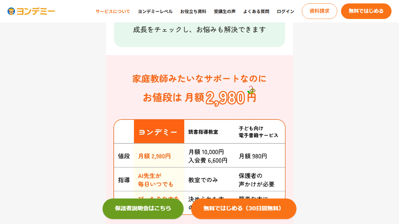 ヨンデミー公式サイトに掲載された月額料金の説明