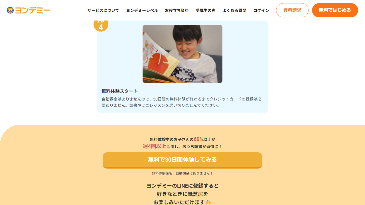 ヨンデミー公式サイトに掲載された無料体験と自動課金なしの説明
