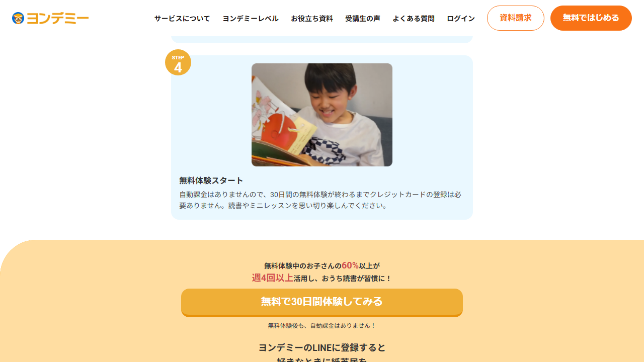 ヨンデミー公式サイトの無料体験スタート案内と自動課金なしの説明